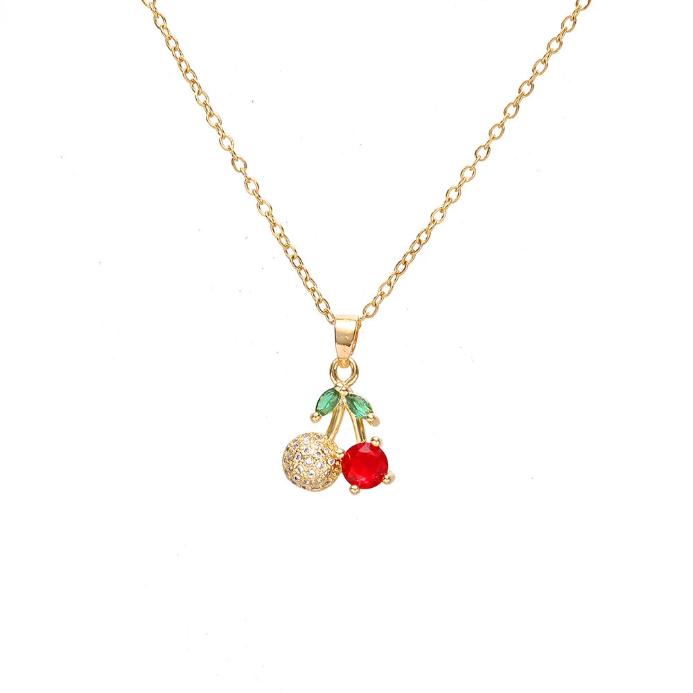 Collar de doble capa de cereza y fresa para mujer, cadena de acero inoxidable, joyería bonita de moda, estilo europeo y americano
