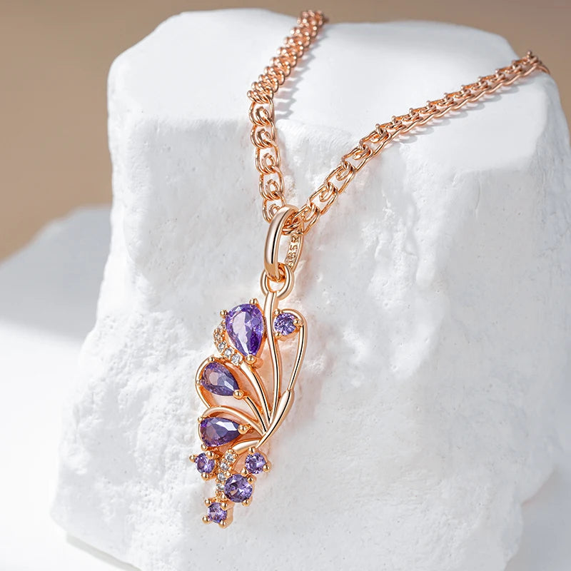 Kinel, collar con colgante de mariposa de circón Natural púrpura brillante para mujer, tendencia 585, Color oro rosa, joyería fina para fiesta diaria
