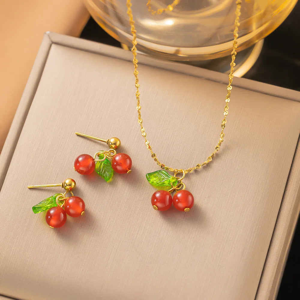 Pendientes minimalistas de cereza de acero inoxidable para mujer, joyería acrílica de fruta bonita, regalo del Día de San Valentín