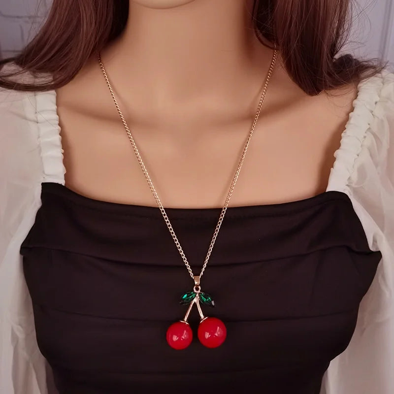 OL Collares largos con colgantes de cereza a la moda para mujer, joyería de uso diario