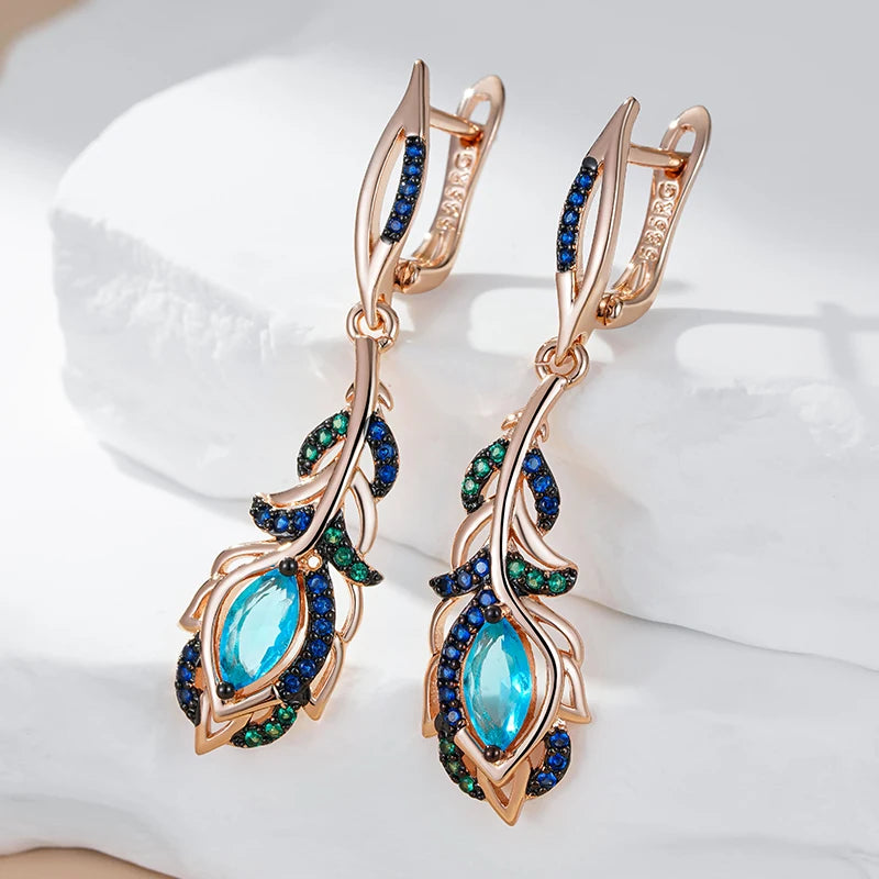 Pendientes largos Kinel de gota de flor de circón Natural azul intenso para mujer 585 chapado en oro rosa y negro joyería diaria de fiesta Vintage