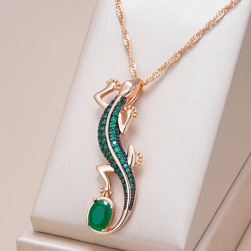 Kinel-collar con colgante de lagarto de circón Natural verde intenso para mujer, chapado en oro rosa 585, joyería Punk diaria de animales Vintage