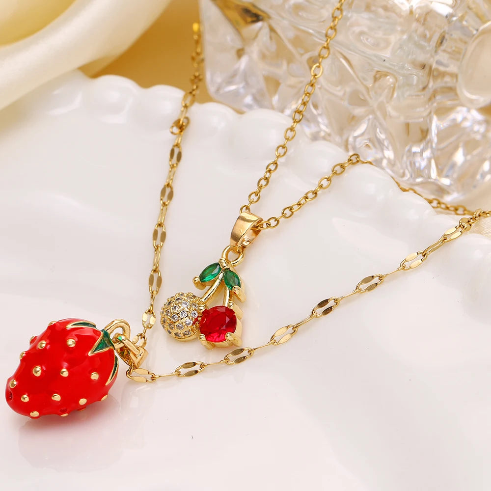 Collar de doble capa de cereza y fresa para mujer, cadena de acero inoxidable, joyería bonita de moda, estilo europeo y americano