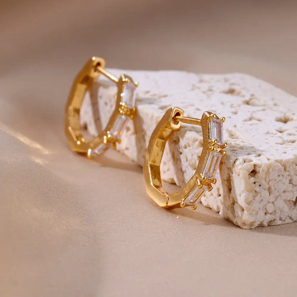 Pendientes rectangulares de circón para mujer, aretes de aro de acero inoxidable de Color dorado, joyería moderna de lujo para parejas de bodas 2024