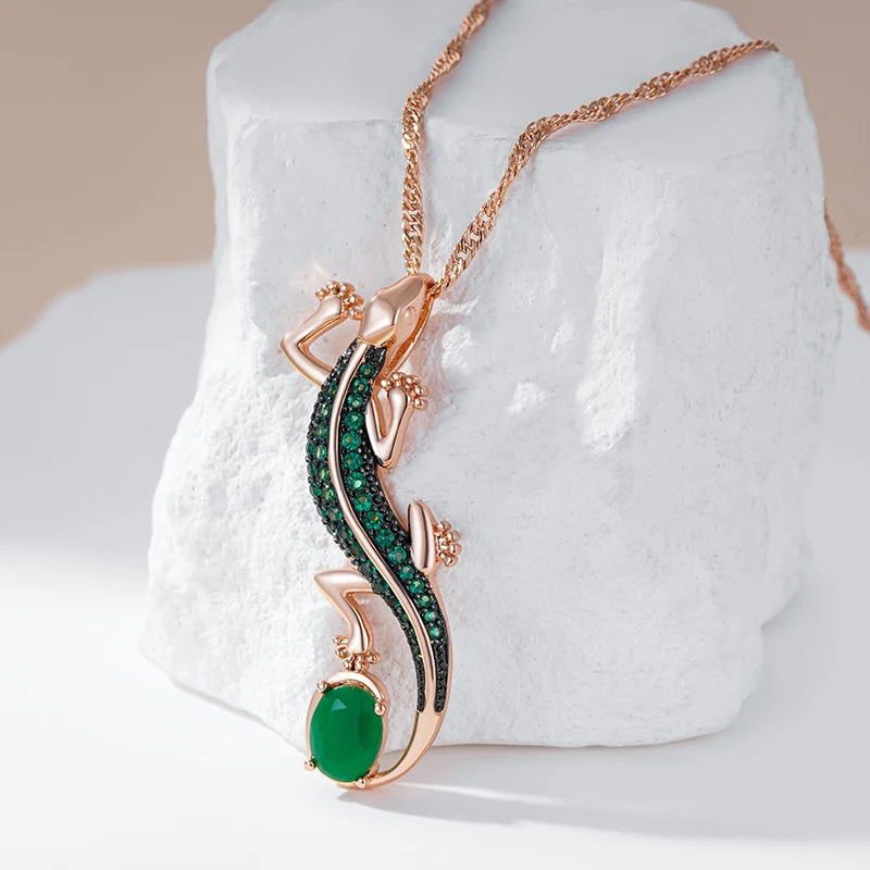 Kinel-collar con colgante de lagarto de circón Natural verde intenso para mujer, chapado en oro rosa 585, joyería Punk diaria de animales Vintage