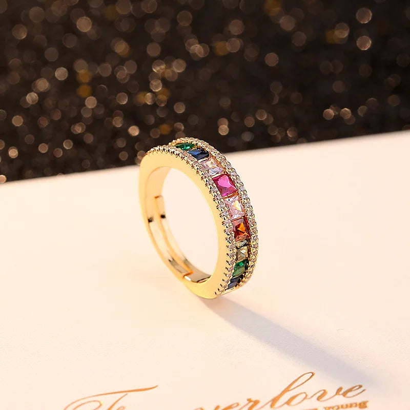 Anillo ajustable Simple de alta calidad, anillos de arcoíris de circonita de cobre de Color dorado a la moda, joyería fina para fiesta y boda
