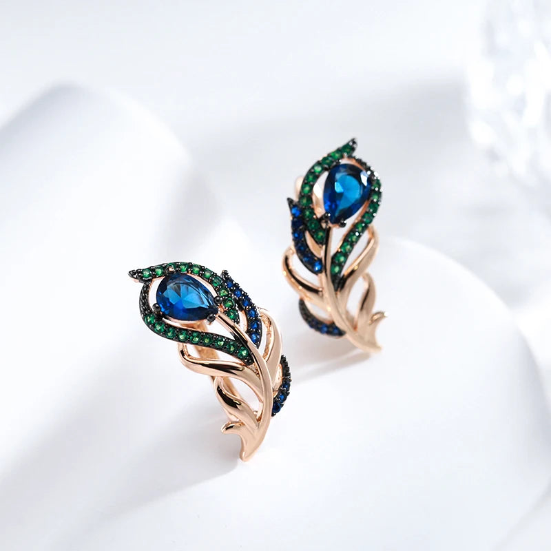Pendientes Kinel de gota de circón Natural azul intenso para mujer 585 chapado en oro rosa y negro hoja de cristal Vintage joyería fina diaria