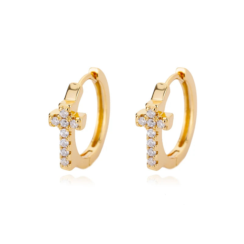 Pendientes de aro con forma de cruz de circonita CZ para mujer, aretes redondos pequeños geométricos Punk de Hip Hop de acero inoxidable, regalo de joyería religiosa