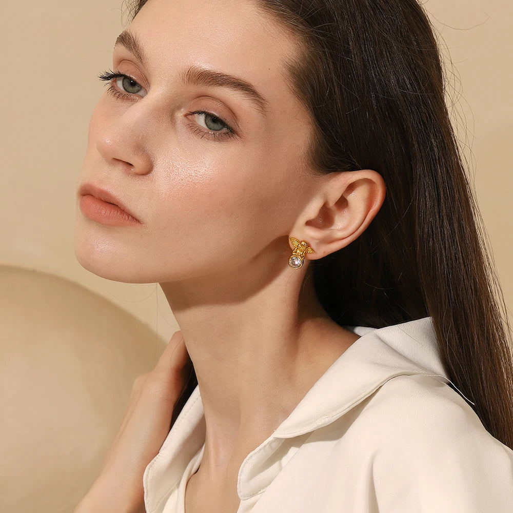E.B.belle-pendientes de tuerca de Ángel Cupido con circonita brillante para mujer y hombre, joyería elegante de acero inoxidable para fiesta y Día de San Valentín, venta al por mayor