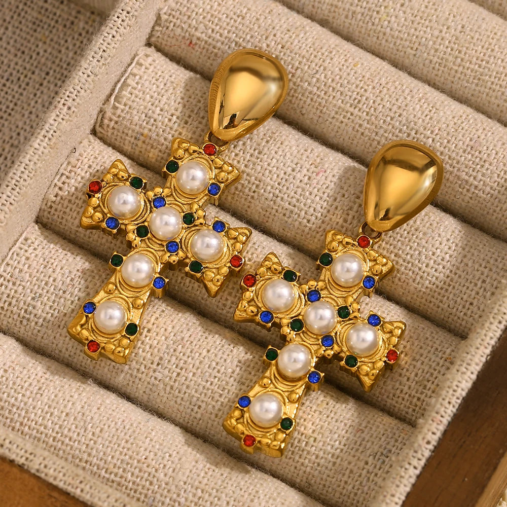 E.B.belle-pendientes cruzados de perlas de colores Vintage, acero inoxidable chapado en oro de 18 quilates, joyería de calidad elegante para mujer, venta al por mayor