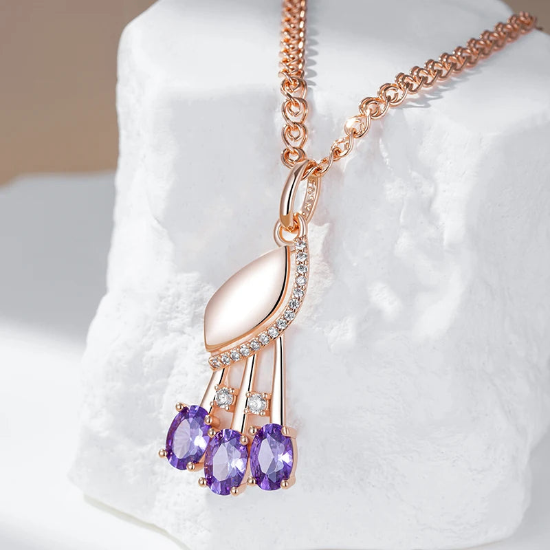 Kinel, collar con colgante de circón Natural púrpura brillante para mujer, moda 585, Color oro rosa, flor de cristal, joyería fina diaria