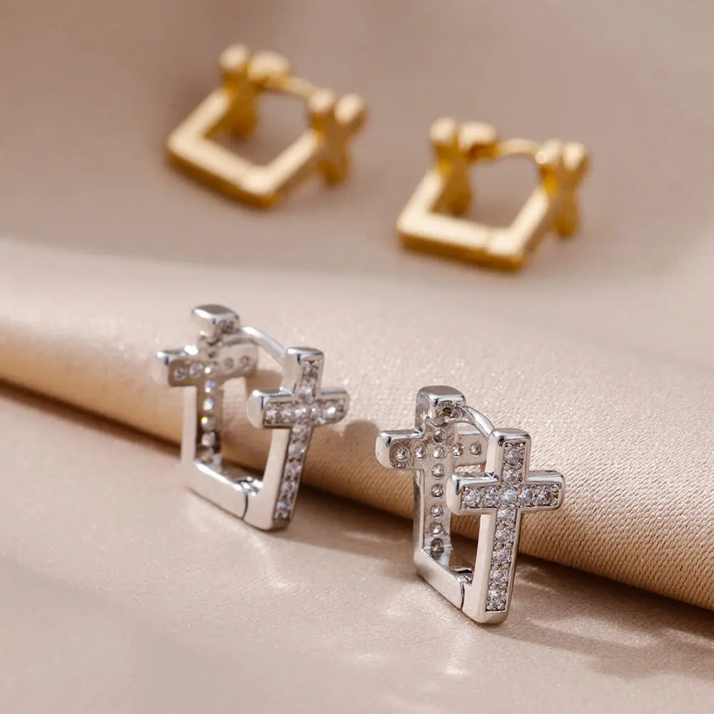 Pendientes de aro con forma de cruz de circonita CZ para mujer, aretes redondos pequeños geométricos Punk de Hip Hop de acero inoxidable, regalo de joyería religiosa