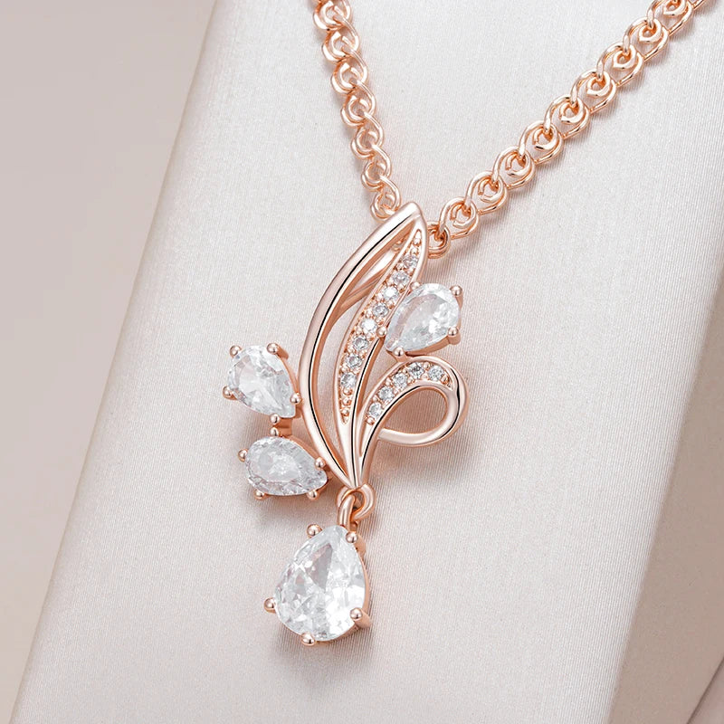 Kinel-collar con colgante de flor de circón Natural brillante para mujer, joyería de Boda nupcial étnica de Color oro rosa 585, moda