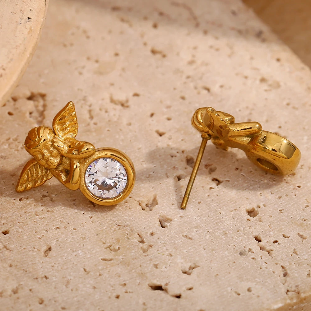 E.B.belle-pendientes de tuerca de Ángel Cupido con circonita brillante para mujer y hombre, joyería elegante de acero inoxidable para fiesta y Día de San Valentín, venta al por mayor