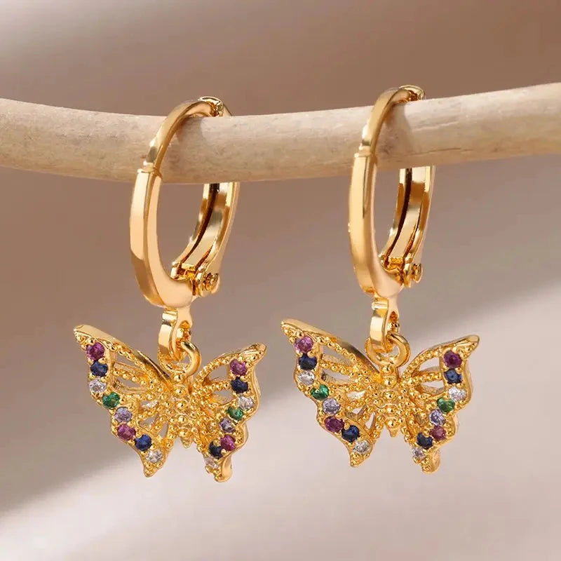 Pendientes de mariposa de circón para mujer, Pendientes de mariposa de Color dorado de acero inoxidable, joyería de tendencia para chica y2k