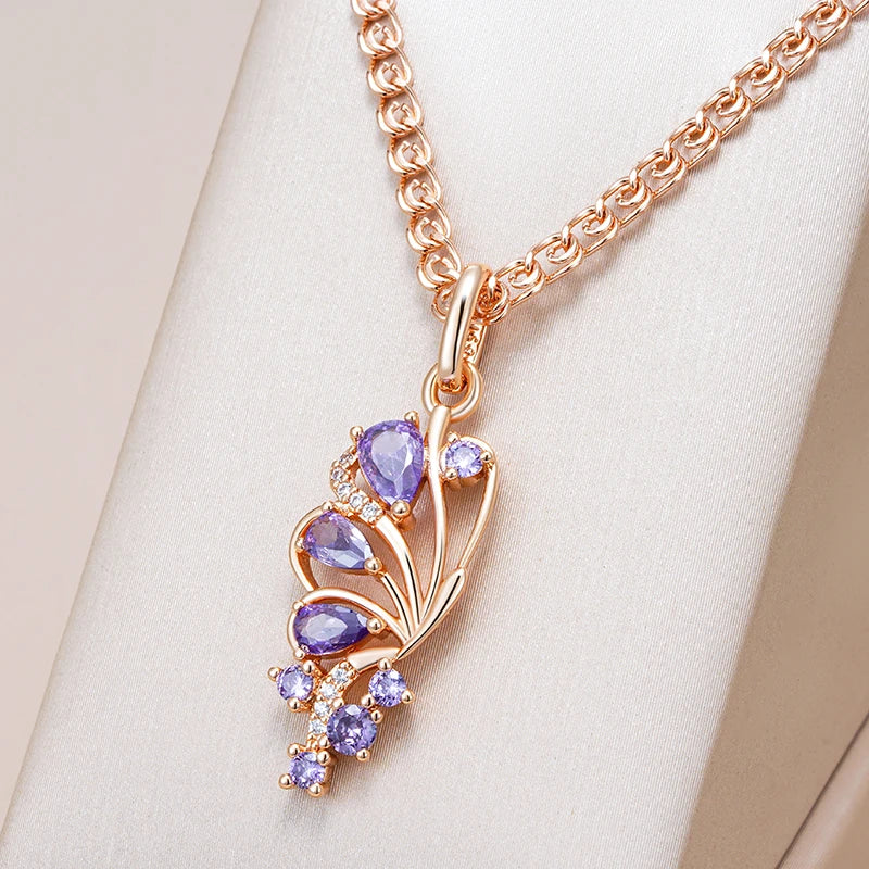 Kinel, collar con colgante de mariposa de circón Natural púrpura brillante para mujer, tendencia 585, Color oro rosa, joyería fina para fiesta diaria