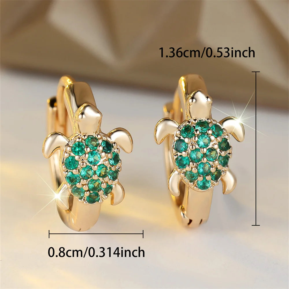 Pendientes de aro con forma de tortuga marina para mujer, piedra de circón verde, Color dorado Vintage, hebilla pequeña para oreja, joyería de boda, regalo para el día de la madre