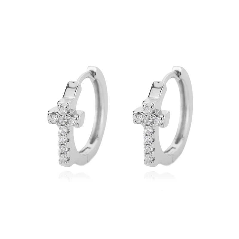 Pendientes de aro con forma de cruz de circonita CZ para mujer, aretes redondos pequeños geométricos Punk de Hip Hop de acero inoxidable, regalo de joyería religiosa