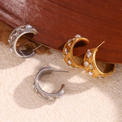 Pendientes de aro en forma de C con perla, diamantes de imitación geométricos, Color plateado, accesorios de acero inoxidable 316L, joyería chapada en oro de 18 quilates
