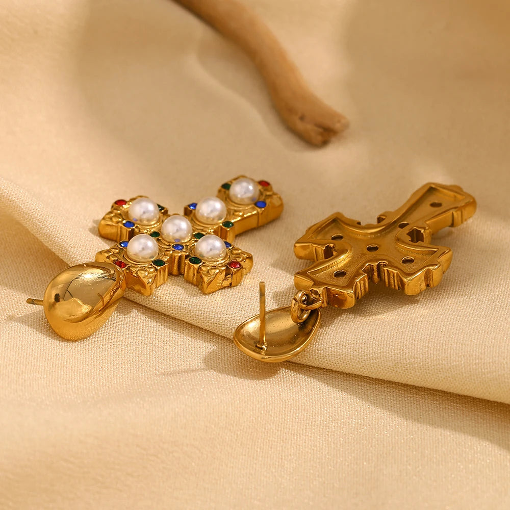 E.B.belle-pendientes cruzados de perlas de colores Vintage, acero inoxidable chapado en oro de 18 quilates, joyería de calidad elegante para mujer, venta al por mayor