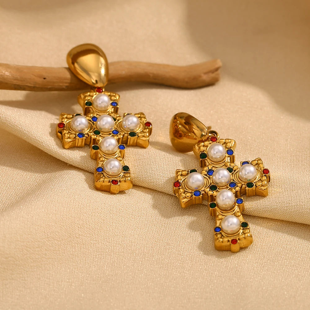 E.B.belle-pendientes cruzados de perlas de colores Vintage, acero inoxidable chapado en oro de 18 quilates, joyería de calidad elegante para mujer, venta al por mayor