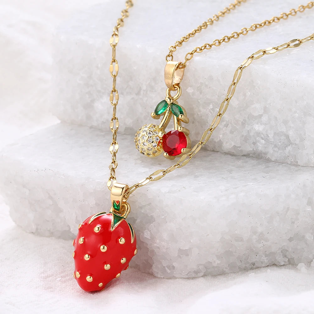 Collar de doble capa de cereza y fresa para mujer, cadena de acero inoxidable, joyería bonita de moda, estilo europeo y americano