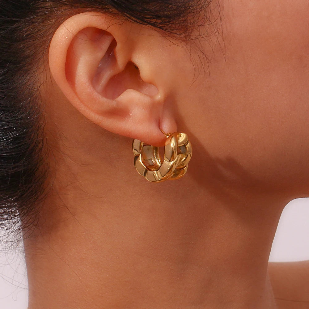 E.B.belle-pendientes de acero inoxidable chapados en oro de 18K para mujer, aretes de aro gruesos con textura de cadena cubana hueca, aros para mujer