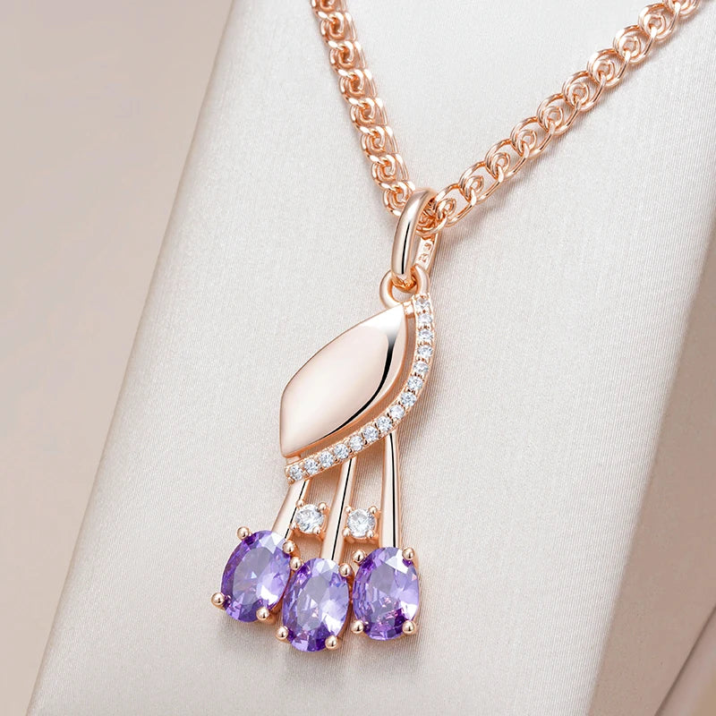 Kinel, collar con colgante de circón Natural púrpura brillante para mujer, moda 585, Color oro rosa, flor de cristal, joyería fina diaria