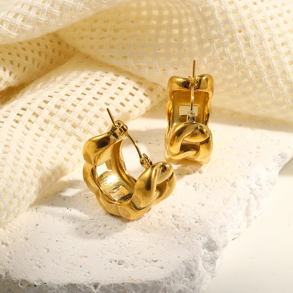 E.B.belle-pendientes de acero inoxidable chapados en oro de 18K para mujer, aretes de aro gruesos con textura de cadena cubana hueca, aros para mujer