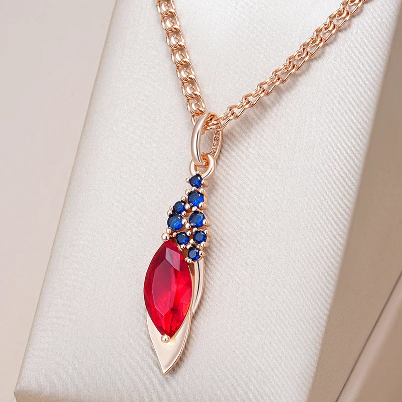Kinel-collar con colgante de Color oro rosa 585, moda para mujer, rojo con circonita Natural azul, accesorios, joyería fina diaria