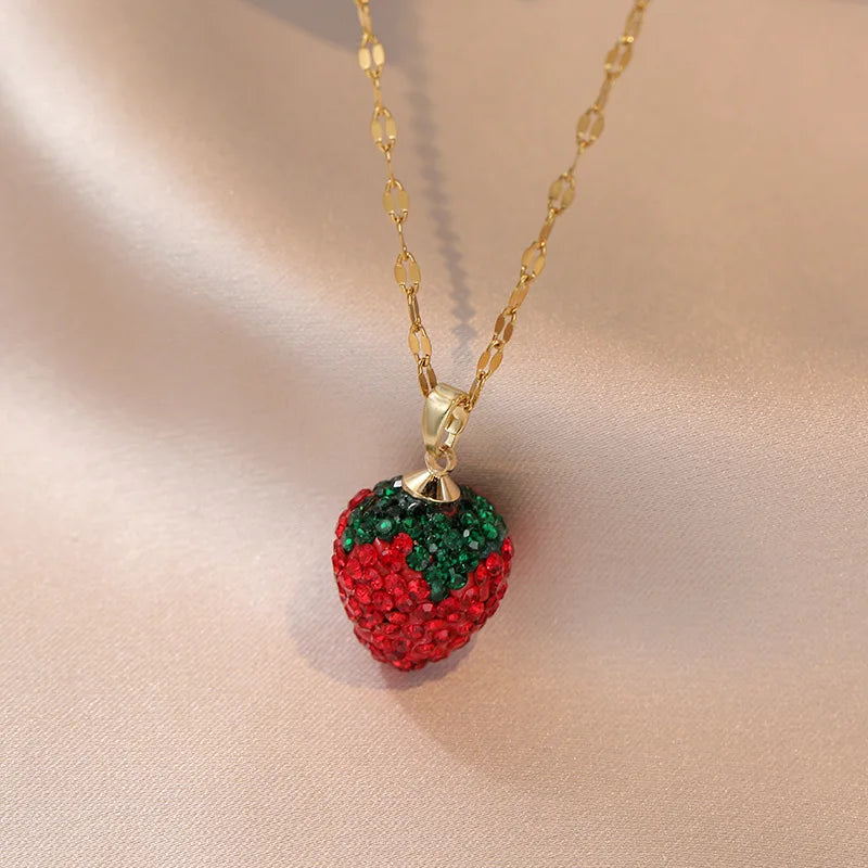 Collares con colgante de circonita y fresa Vintage para mujer, accesorios de joyería clásicos de acero inoxidable, regalos para amante