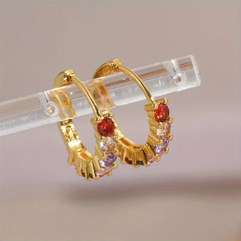 Pendientes de aro redondos de circonita cúbica para mujer, arcoíris brillante, regalo de joyería de Color dorado para fiesta clásica