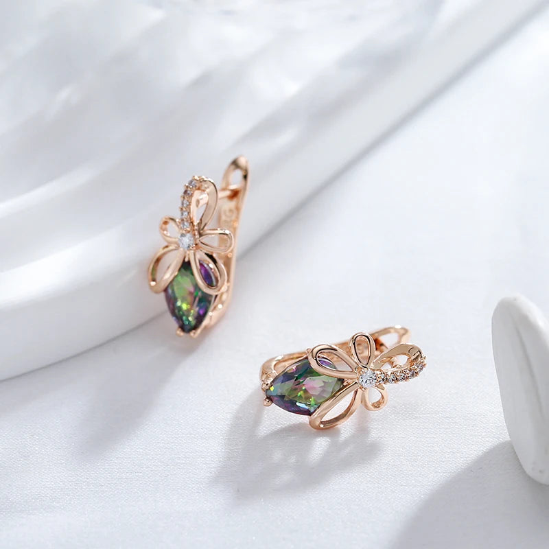 Pendientes Kinel de diseño único con circonita Natural colorida en inglés para mujer, Color oro rosa 585, joyería bonita y fina para uso diario de alta calidad