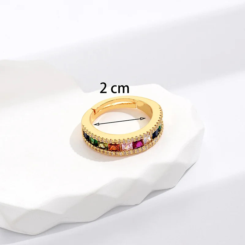 Anillo ajustable Simple de alta calidad, anillos de arcoíris de circonita de cobre de Color dorado a la moda, joyería fina para fiesta y boda