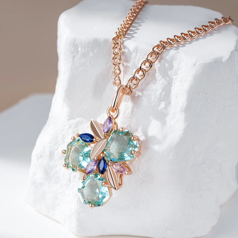 Kinel-collar con colgante de piedra verde para mujer, rombo único, circonita Natural, Color oro rosa 585, joyería de boda Vintage