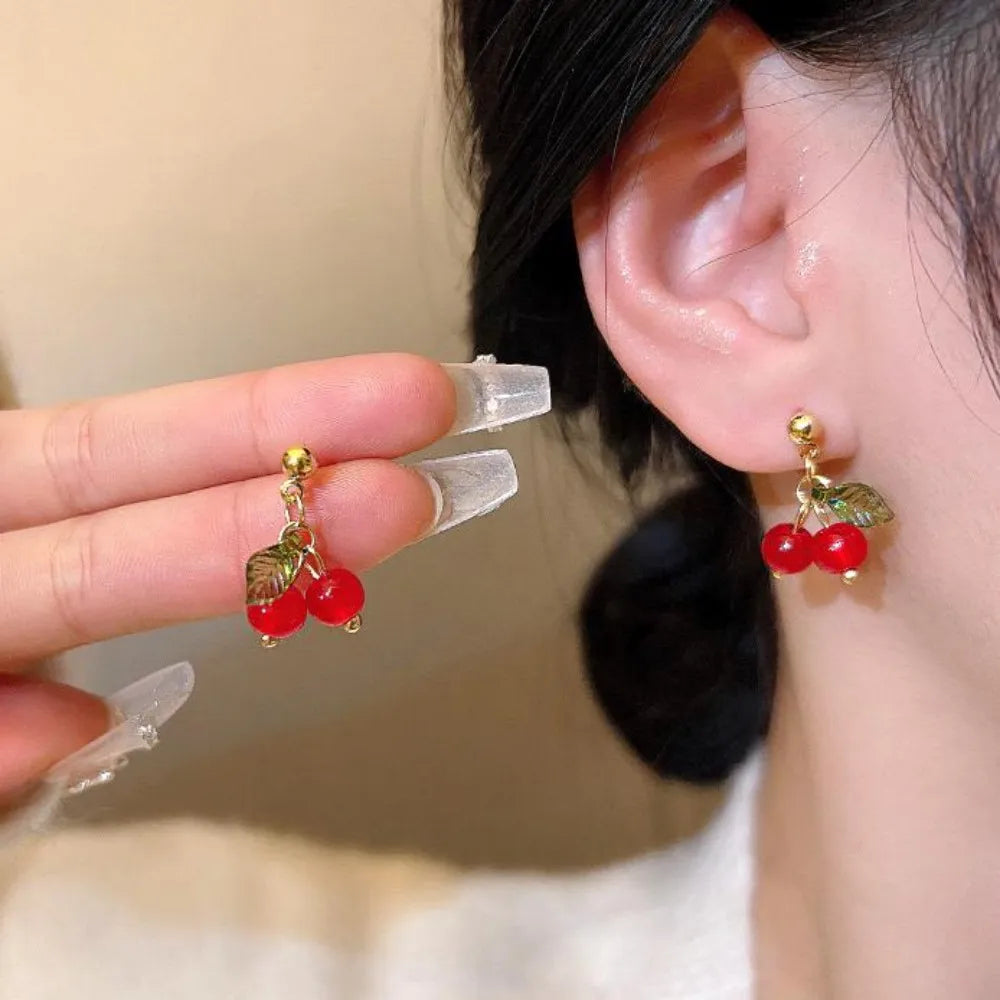 Pendientes minimalistas de cereza de acero inoxidable para mujer, joyería acrílica de fruta bonita, regalo del Día de San Valentín