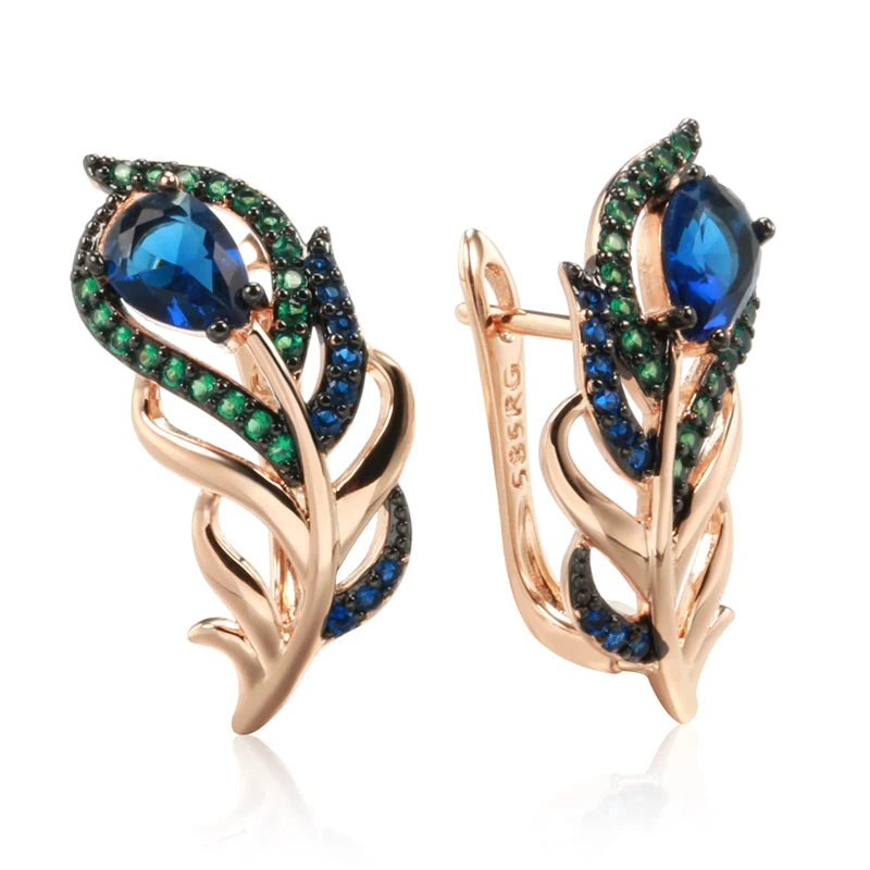 Pendientes Kinel de gota de circón Natural azul intenso para mujer 585 chapado en oro rosa y negro hoja de cristal Vintage joyería fina diaria