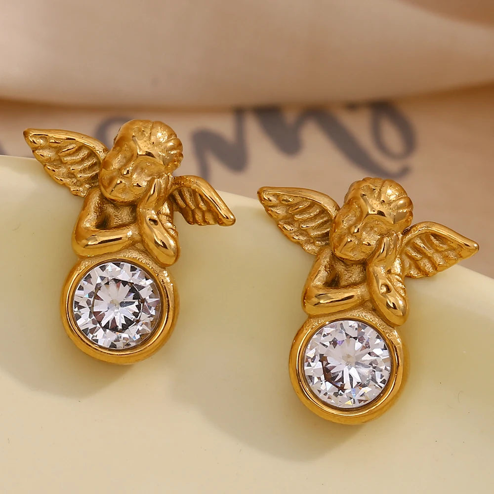 E.B.belle-pendientes de tuerca de Ángel Cupido con circonita brillante para mujer y hombre, joyería elegante de acero inoxidable para fiesta y Día de San Valentín, venta al por mayor