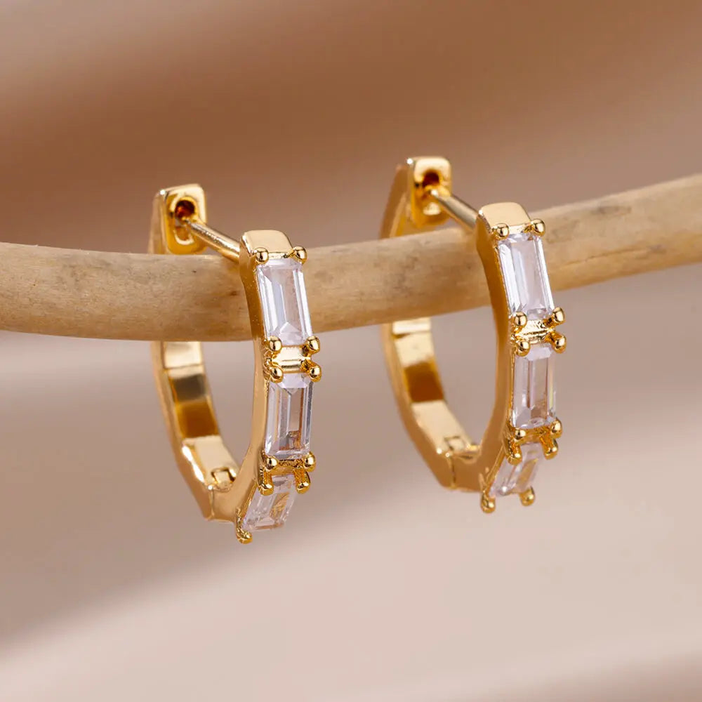 Pendientes rectangulares de circón para mujer, aretes de aro de acero inoxidable de Color dorado, joyería moderna de lujo para parejas de bodas 2024