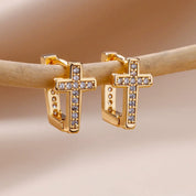 Pendientes de aro con forma de cruz de circonita CZ para mujer, aretes redondos pequeños geométricos Punk de Hip Hop de acero inoxidable, regalo de joyería religiosa
