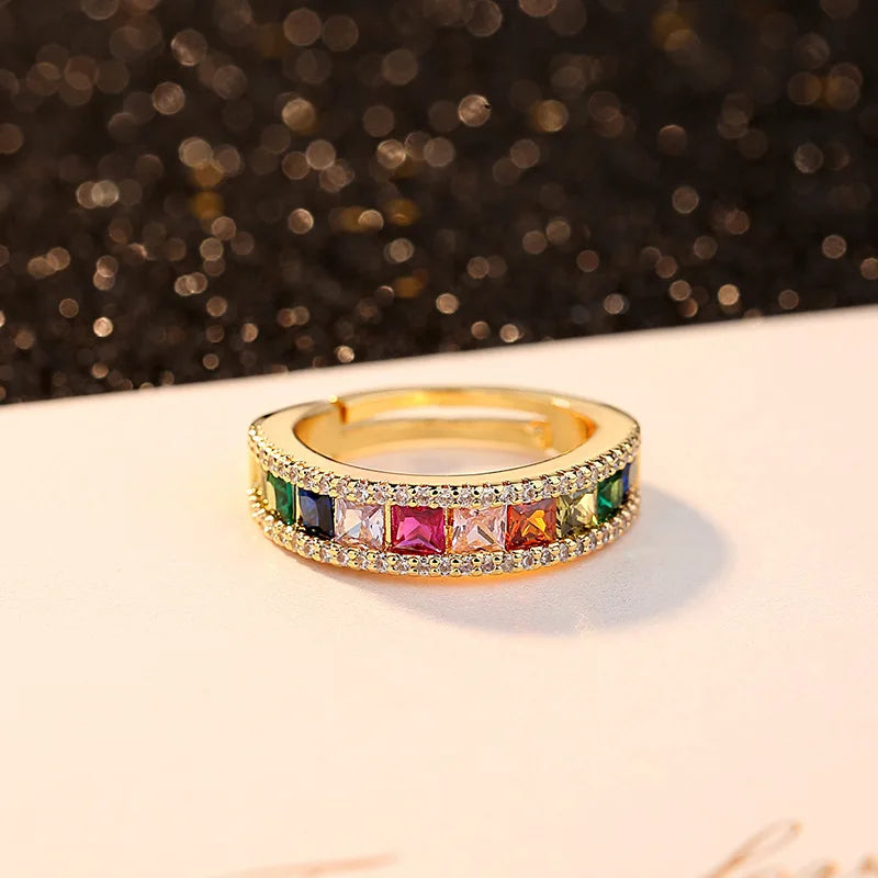 Anillo ajustable Simple de alta calidad, anillos de arcoíris de circonita de cobre de Color dorado a la moda, joyería fina para fiesta y boda