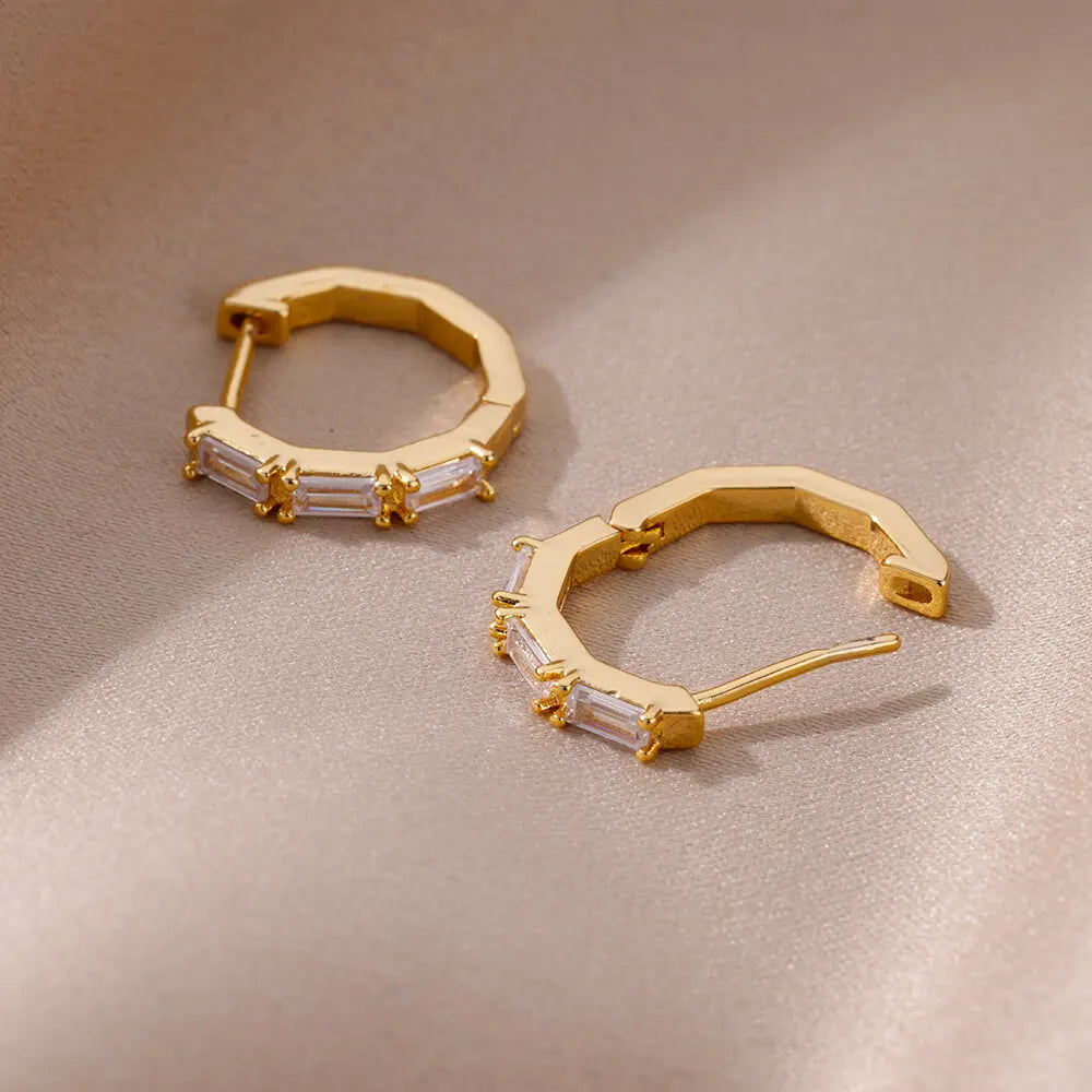 Pendientes rectangulares de circón para mujer, aretes de aro de acero inoxidable de Color dorado, joyería moderna de lujo para parejas de bodas 2024