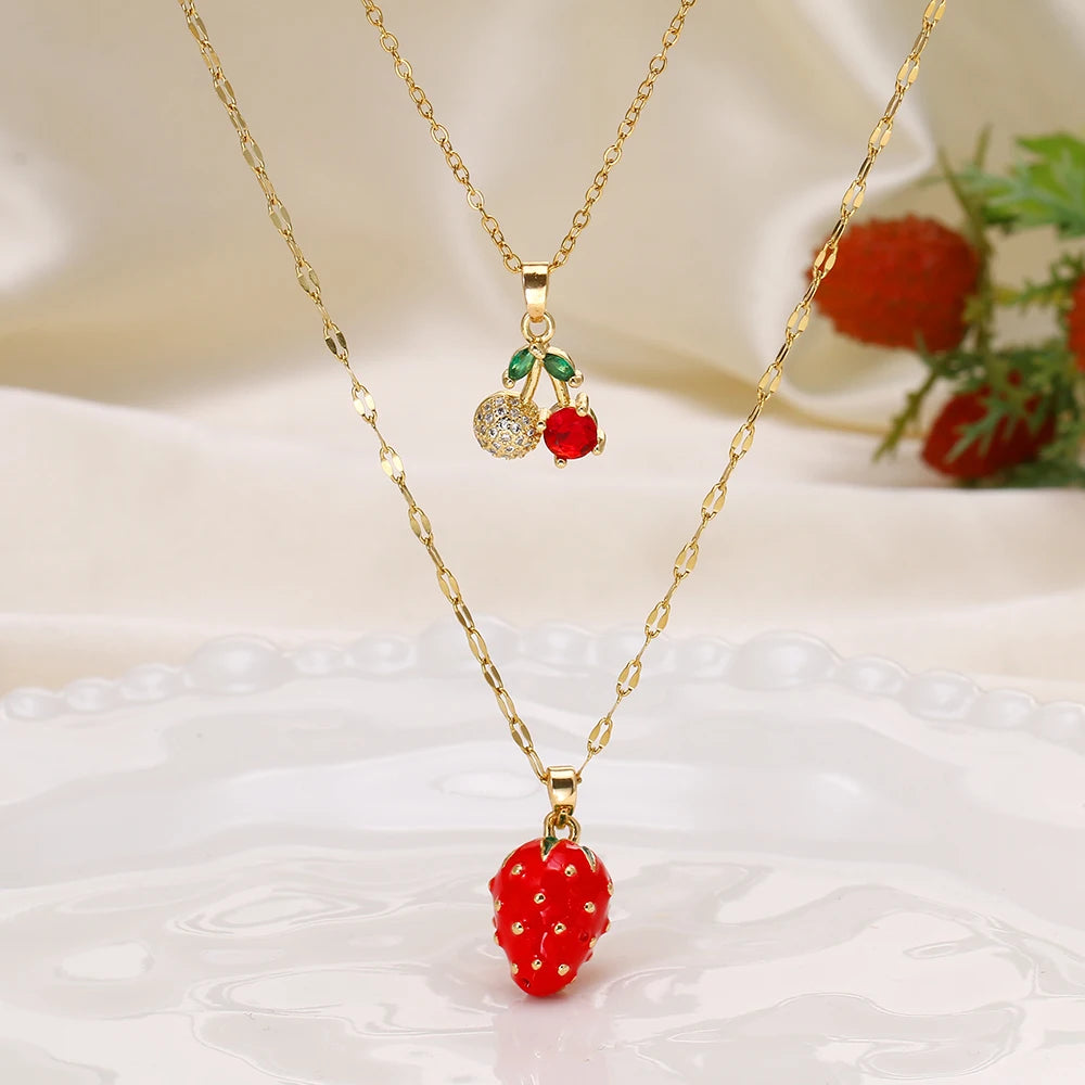 Collar de doble capa de cereza y fresa para mujer, cadena de acero inoxidable, joyería bonita de moda, estilo europeo y americano