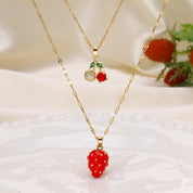 Collar de doble capa de cereza y fresa para mujer, cadena de acero inoxidable, joyería bonita de moda, estilo europeo y americano