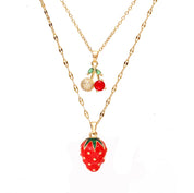 Collar de doble capa de cereza y fresa para mujer, cadena de acero inoxidable, joyería bonita de moda, estilo europeo y americano