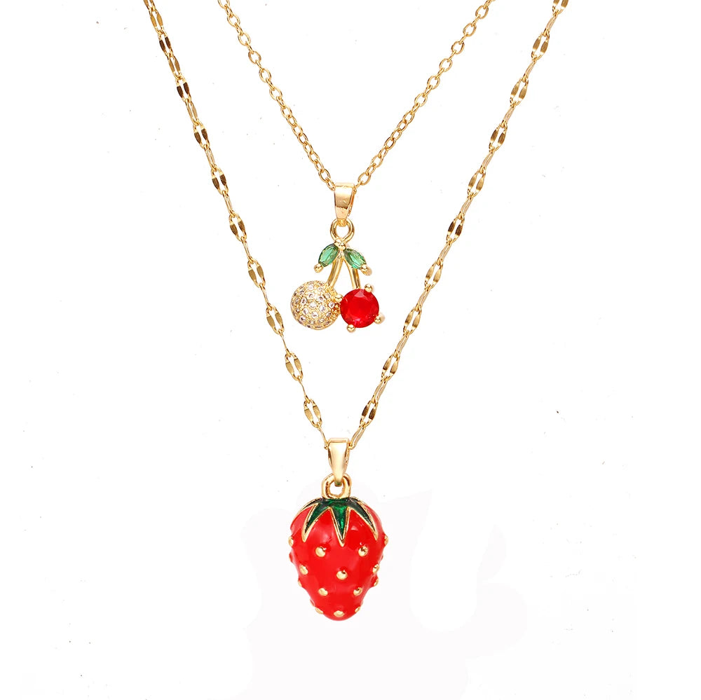 Collar de doble capa de cereza y fresa para mujer, cadena de acero inoxidable, joyería bonita de moda, estilo europeo y americano