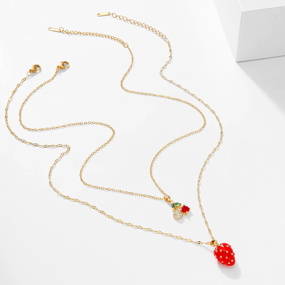 Collar de doble capa de cereza y fresa para mujer, cadena de acero inoxidable, joyería bonita de moda, estilo europeo y americano