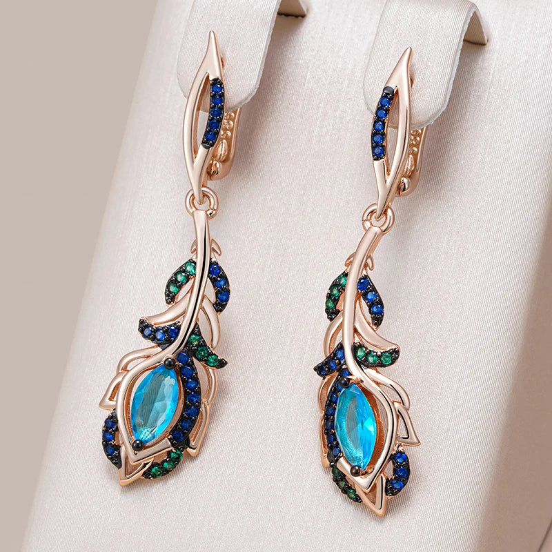 Pendientes largos Kinel de gota de flor de circón Natural azul intenso para mujer 585 chapado en oro rosa y negro joyería diaria de fiesta Vintage