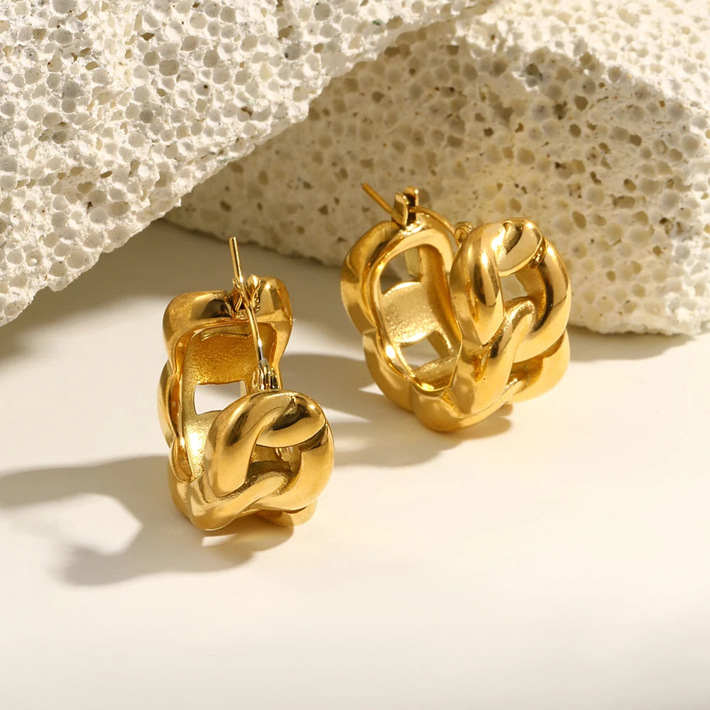 E.B.belle-pendientes de acero inoxidable chapados en oro de 18K para mujer, aretes de aro gruesos con textura de cadena cubana hueca, aros para mujer