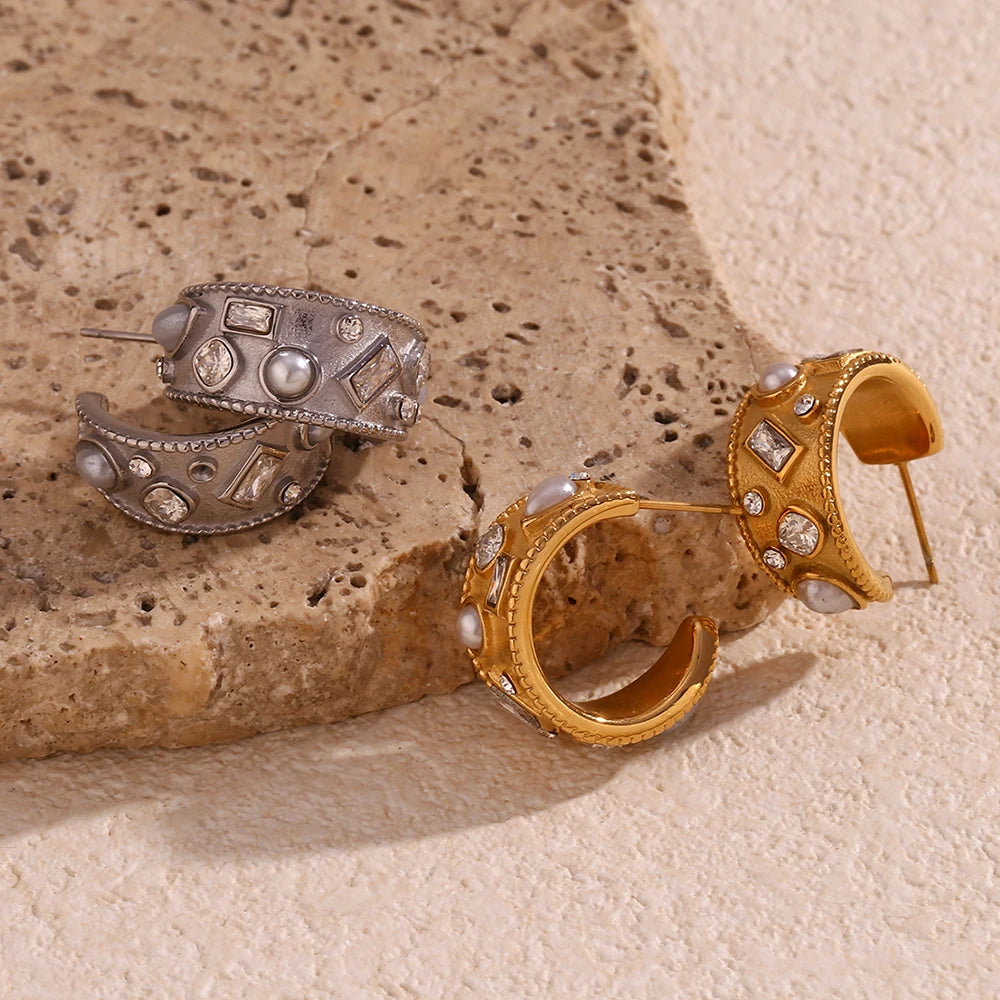 Pendientes de aro en forma de C con perla, diamantes de imitación geométricos, Color plateado, accesorios de acero inoxidable 316L, joyería chapada en oro de 18 quilates